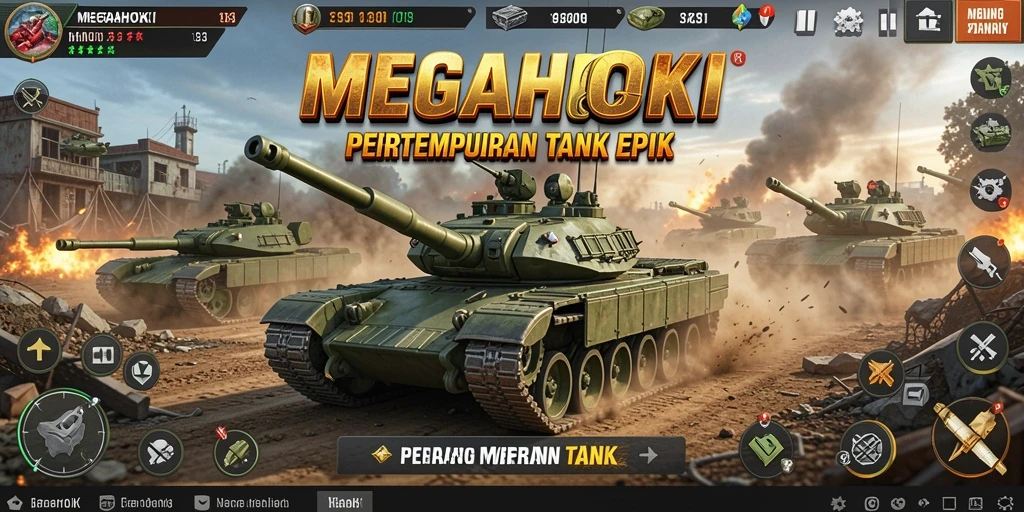 Tangkapan layar utama MEGAHOKI menampilkan aksi pertempuran tank yang seru.